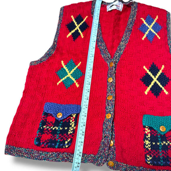 VTG Portraits Northern Isles Hand-Knit Red Wool Sweater Vest M-L Argyle Cottage - Picture 9 of 9